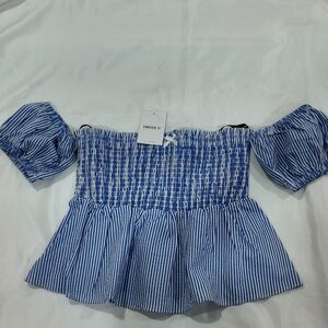 Forever 21 Blue and White Striped Off-Shoulder Peplum Top